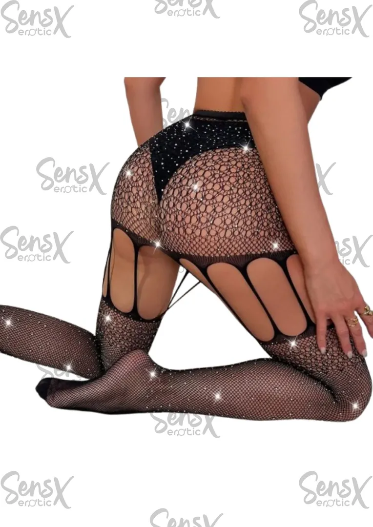 Medias de red de vidrio sexy con diamantes de imitación negros brillantes, tirantes transparentes, medias altas hasta el muslo, pantimedias, discoteca, cosplay, accesorio para disfraz de fiesta, Negro