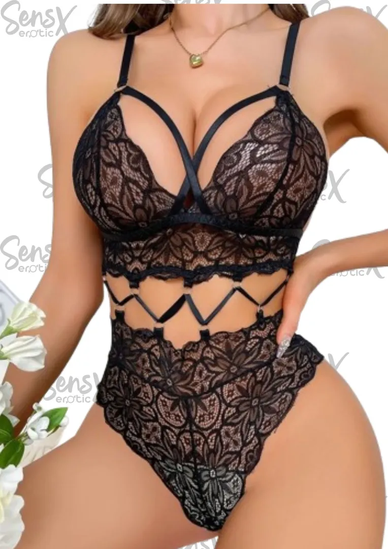 OYOANGLE Body de encaje floral con tirantes delgados para mujer, lencería cruzada