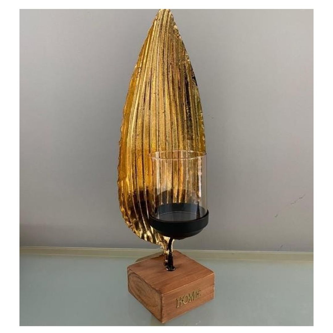 portavela METAL con BASE MADERA DORADO 