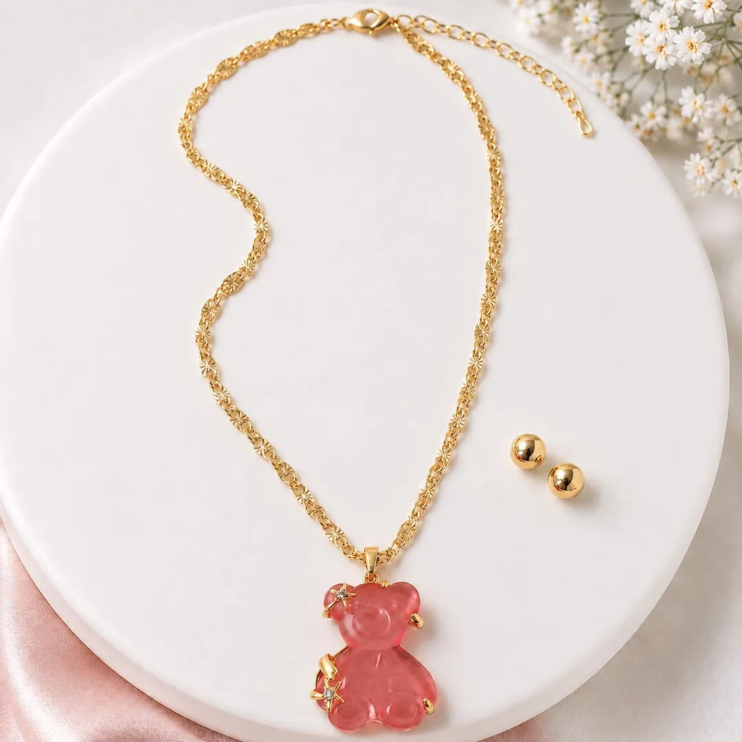 Collar Rodio Dije Acrilico Gomita osito FUCSIA
