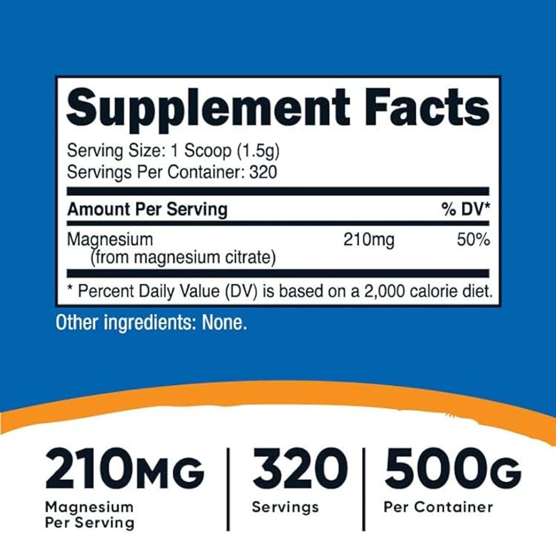 Magnesio Citrato 210 mg 319 servings 500g NUTRICOST