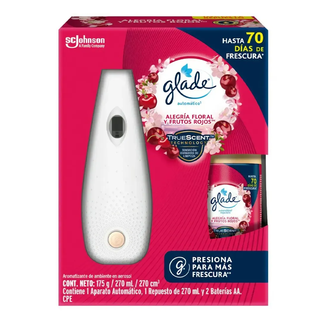 GLADE AUTOMATICO ALEGRIA FLORAL Y FRUTOS ROJOS APARATO + REPUESTO X 270 ML