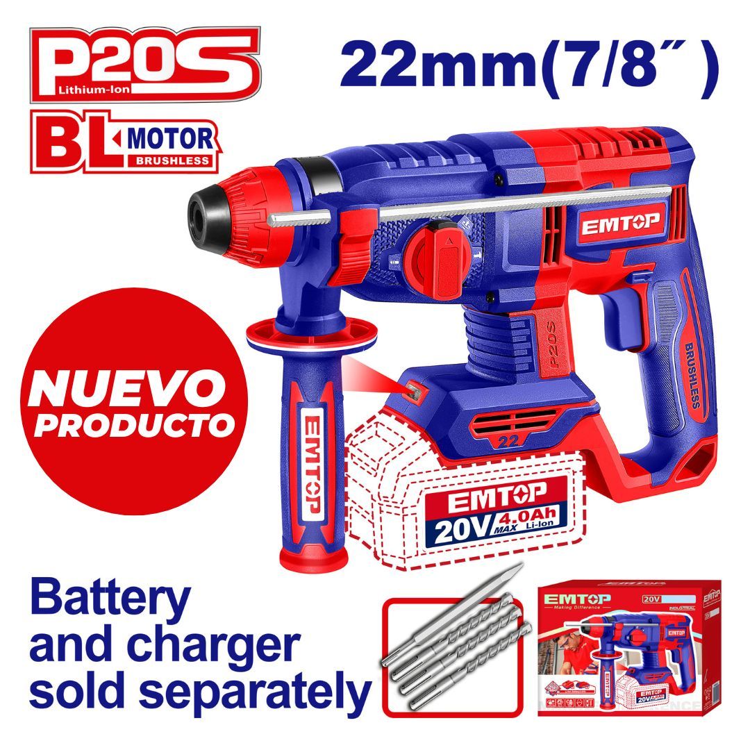 EMTOP ROTOMARTILLO 22MM 4F INALAM 20V CAP2J SDS+3BROCAS+1CINCEL NO INCLUYE BAT/CARG