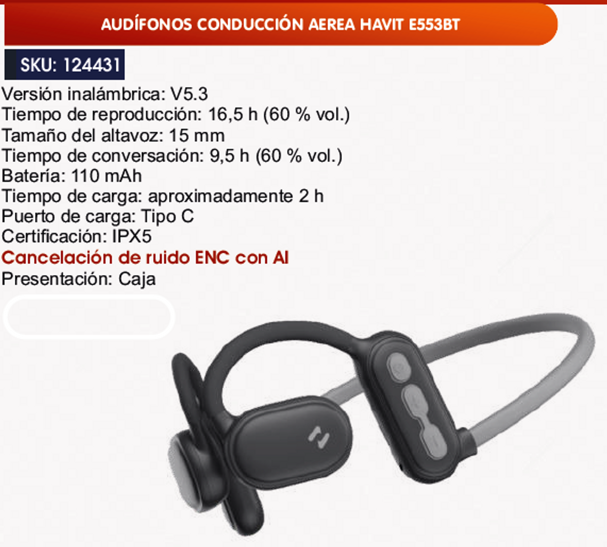 AUDÍFONOS CONDUCCIÓN AEREA HAVIT E553BT