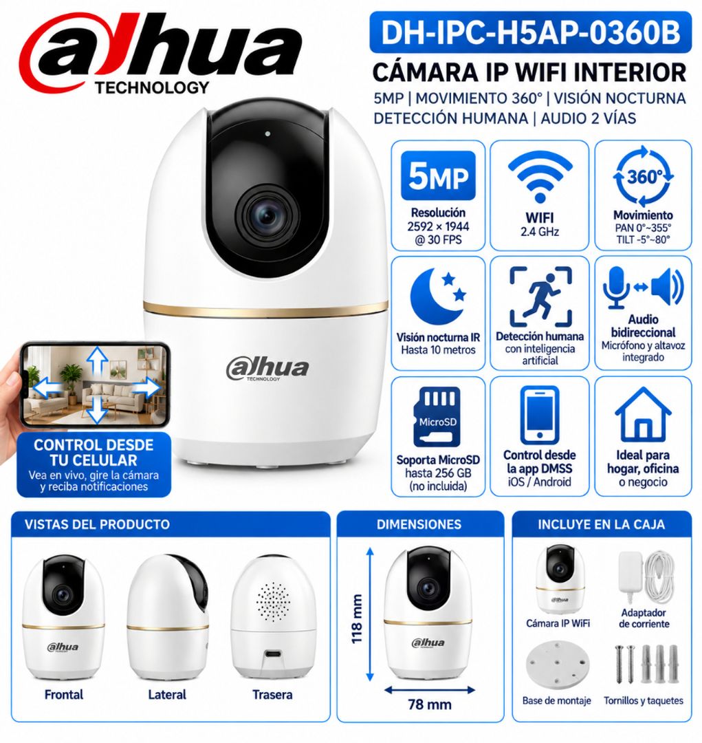 Cámara Dahua IP WiFi 5MP – DH-IPC-H5AP-0360B