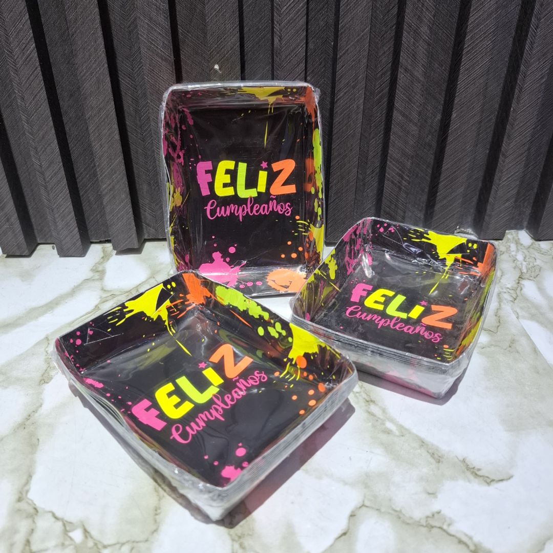 BANDEJA DELUXE FÉLIZ CUMPLEAÑOS NEON PARA TORTA X 12 UNIB