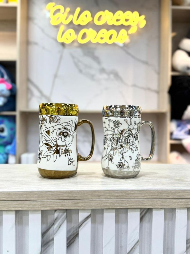 MUG TAPA ESPEJO ROSA PLATEADO Y DORAD