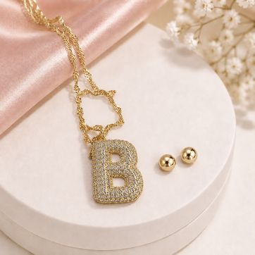 Imagen del producto Collar Ajustable Inicial B Rodio + Aretes Balin