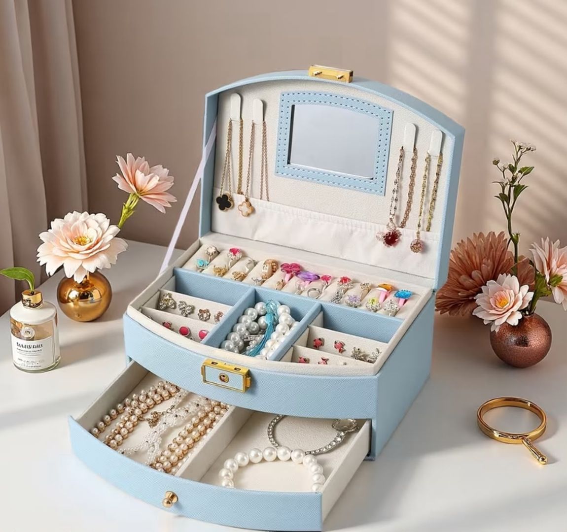 Joyero organizador en cuero PU – Azul celeste