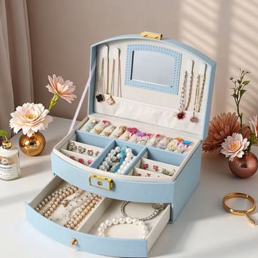 Joyero organizador en cuero PU – Azul celeste - imagen 1