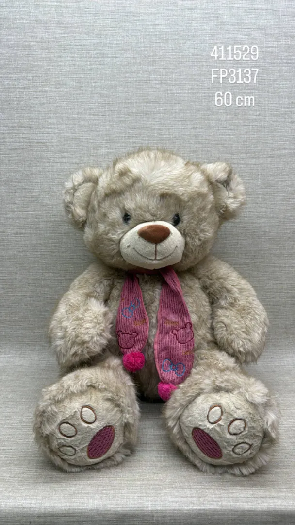 OSO PELUDITO MARRON CON BUFANDA FUCSIA 60 CM 