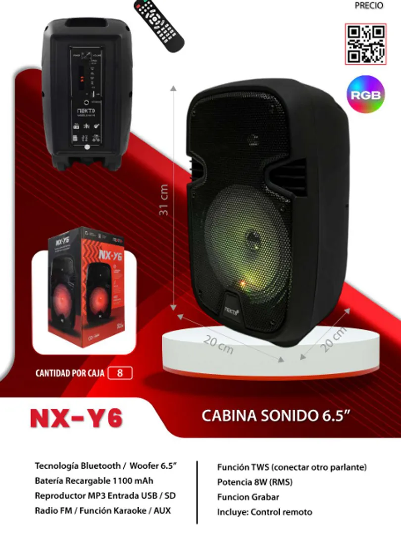 CABINA PARLANTE RECARGABLE 6.5 PULGADAS LUCES LED NX-Y6