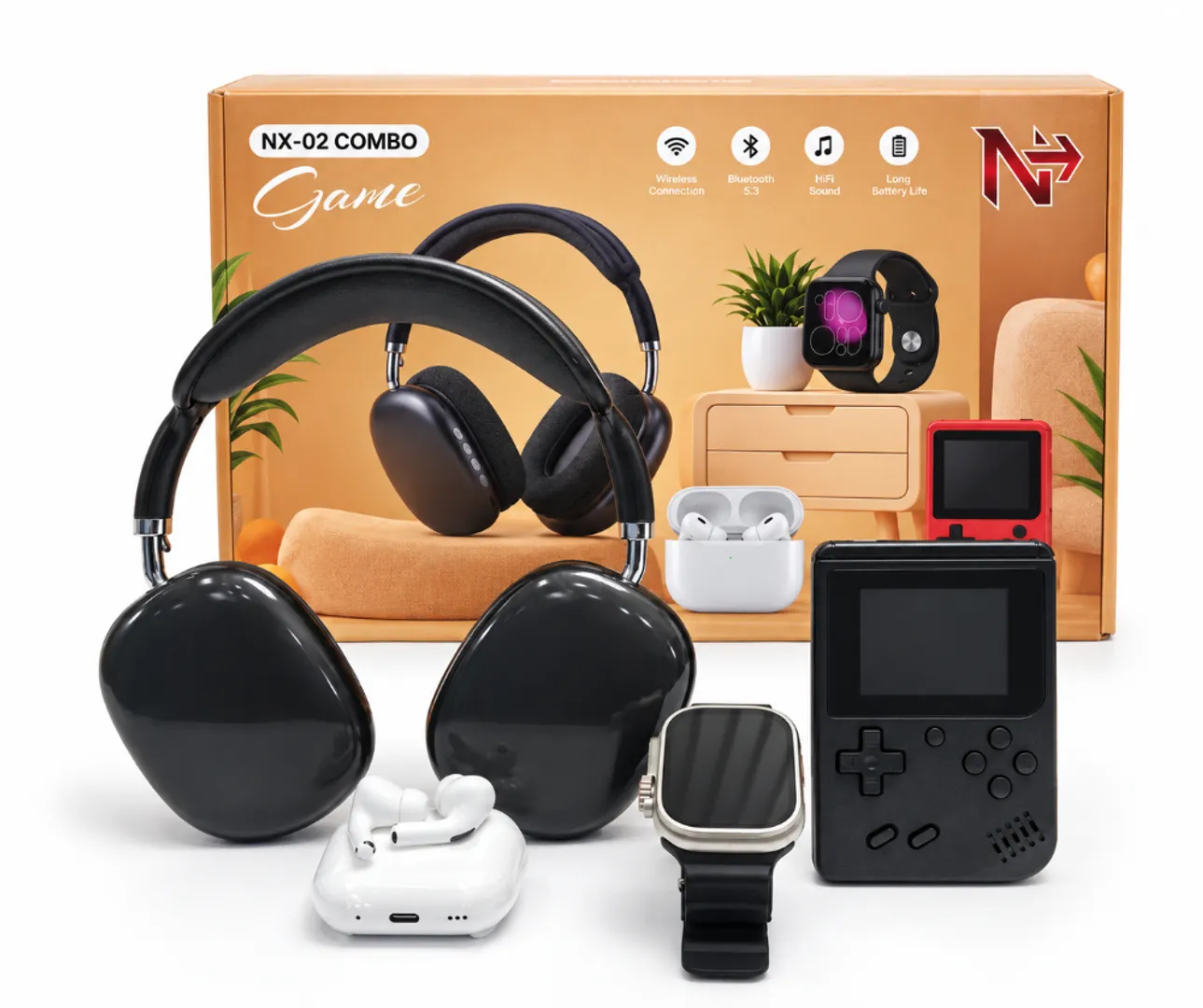 COMBO NX-02 KIT DE RELOJ SMART WATCH DIADEMA P9 MINI CONSOLA Y AIRPODS PRO 5
