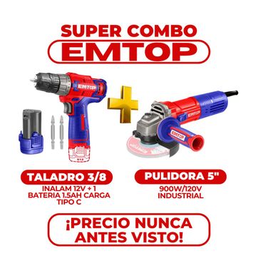Imagen del producto EMTOP COMBO TALADRO 3/8 INALAM 12V + PULIDORA 5" 900W/120V INDUSTRIAL (ECDL12510+ULAGRS09051) REFERENCIA: EMTCOMB009