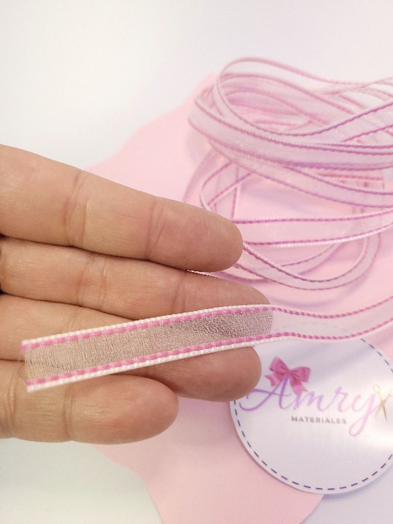 Organza 1cm Importada Blanca con Rosado 