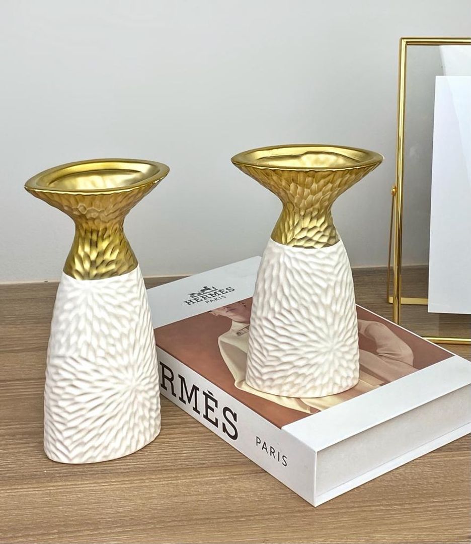 Juego X2 Jarrones Blancos y Dorados