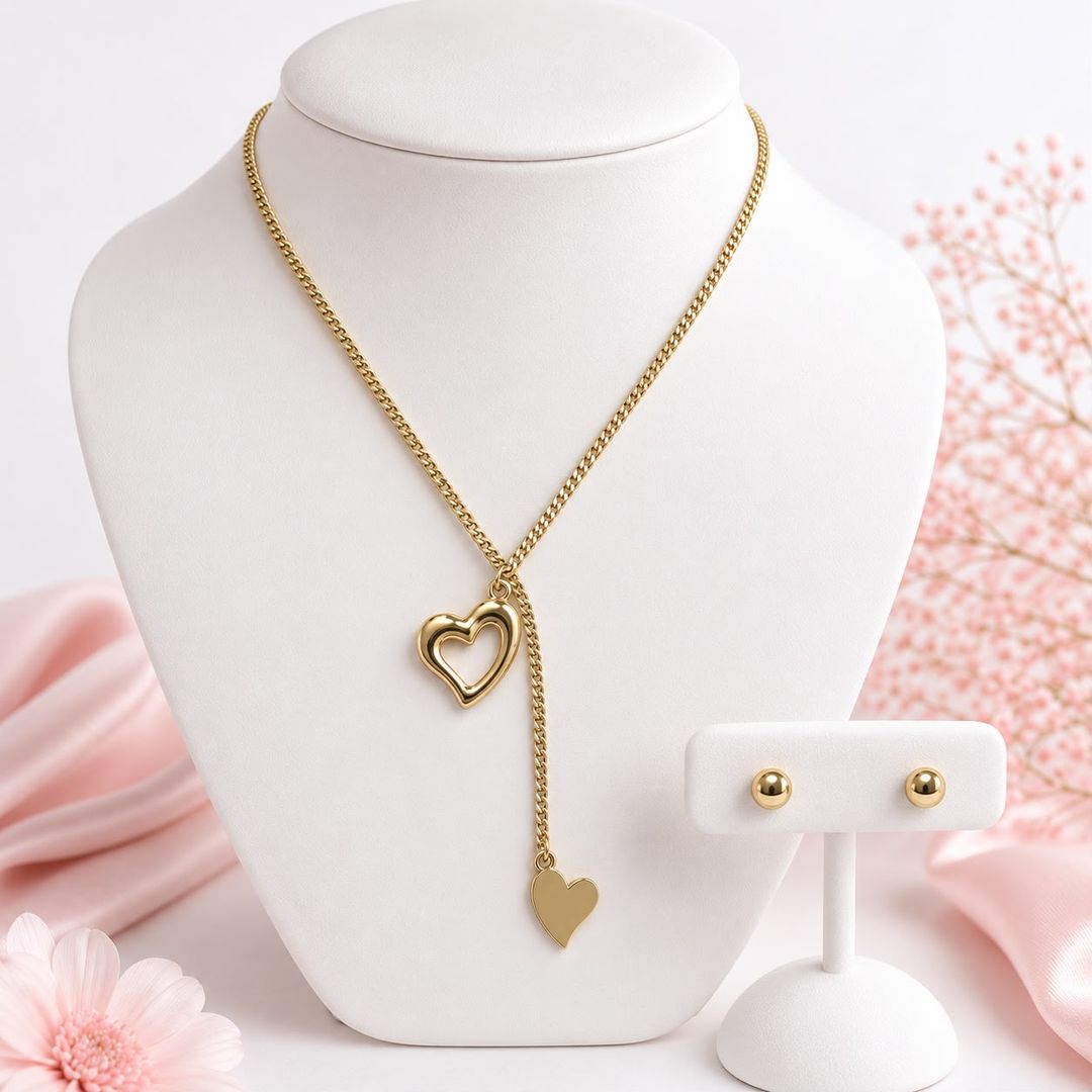Set Collar Rodio Corazón Colgante + Topitos
