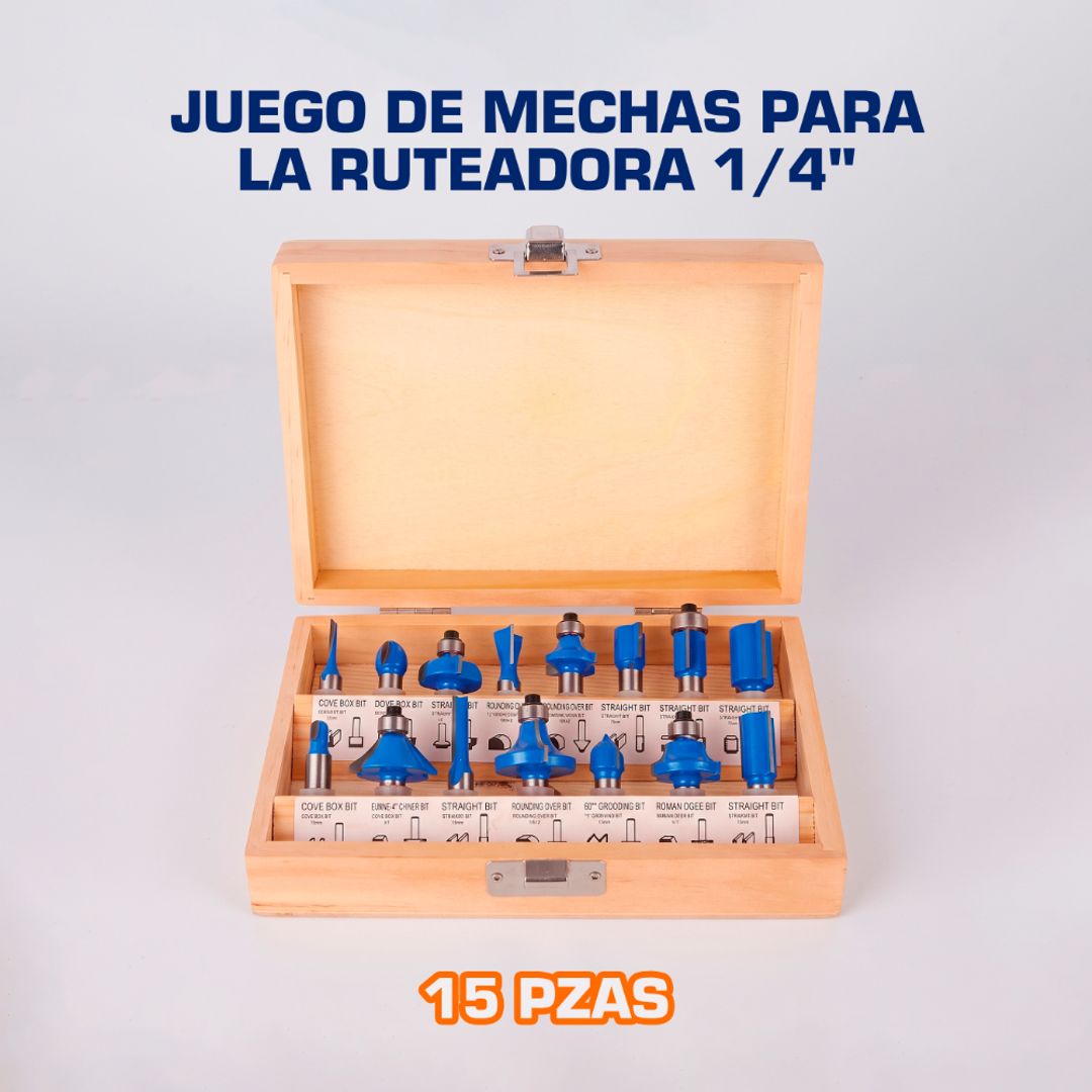 JUEGO DE MECHAS 15 PIEZAS PARA LA RUTEADORA 1/4"
