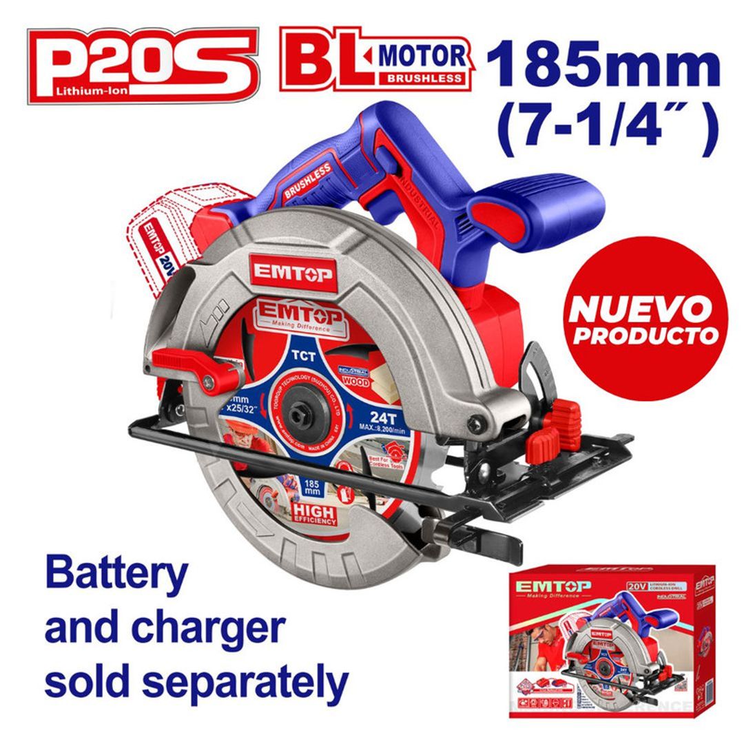 EMTOP SIERRA CIRCULAR INALAM 20V (7-1/4)"+1 DISCO 7-1/4" INDUSTRIAL NO INCLUYE BATERIA NI CARGADOR SUPER EMTOP