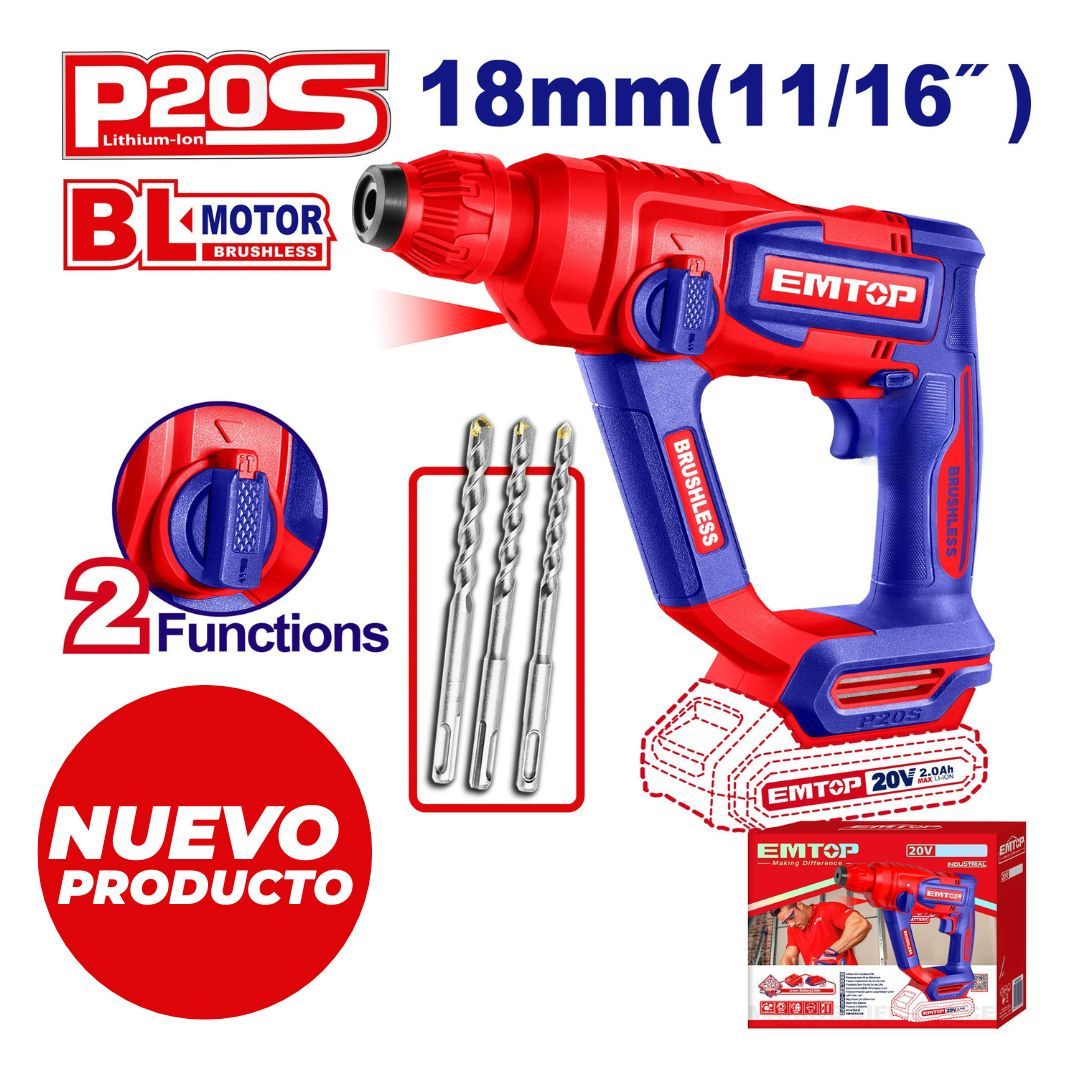 EMTOP ROTOMARTILLO 18MM INALAM 20V C1.8J SDS PLUS NO INCLUYE BATERIA NI CARGADOR 