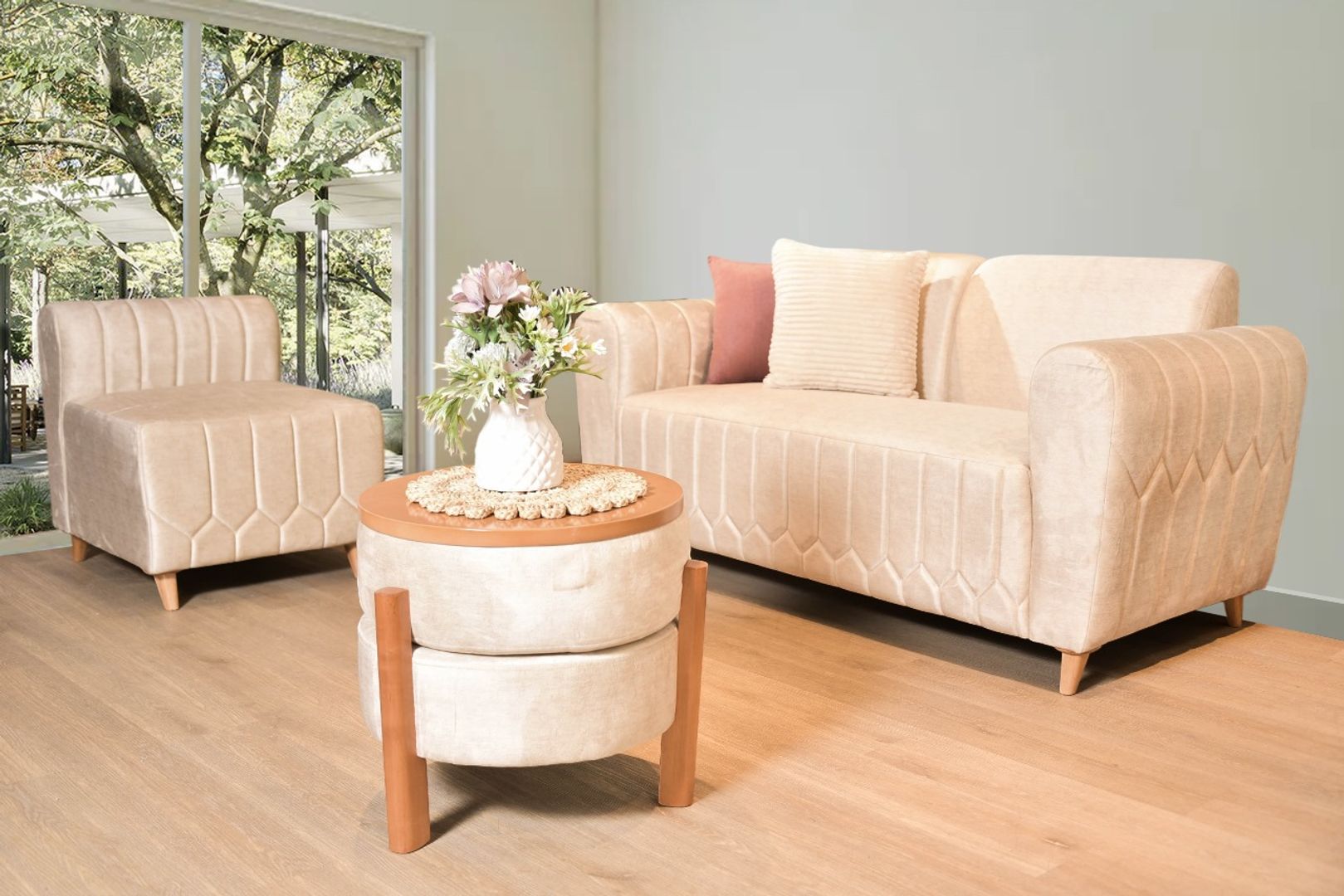 SALA ALICANTE CHAMPAÑA MESA PUFF TAPIZ PLATA	