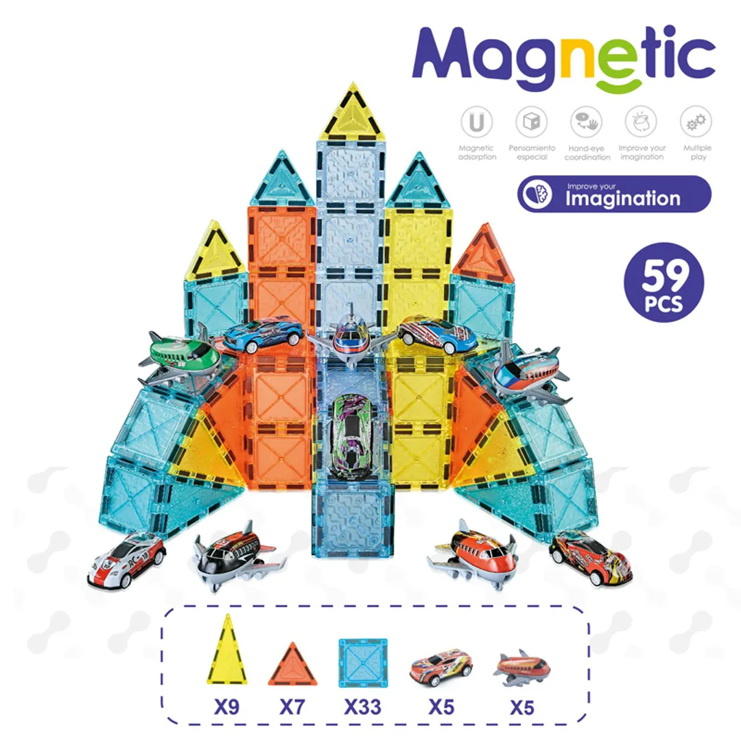 SET DE CONSTRUCCION LEGOS MAGNETICOS CON VEHICULOS 59 PCS