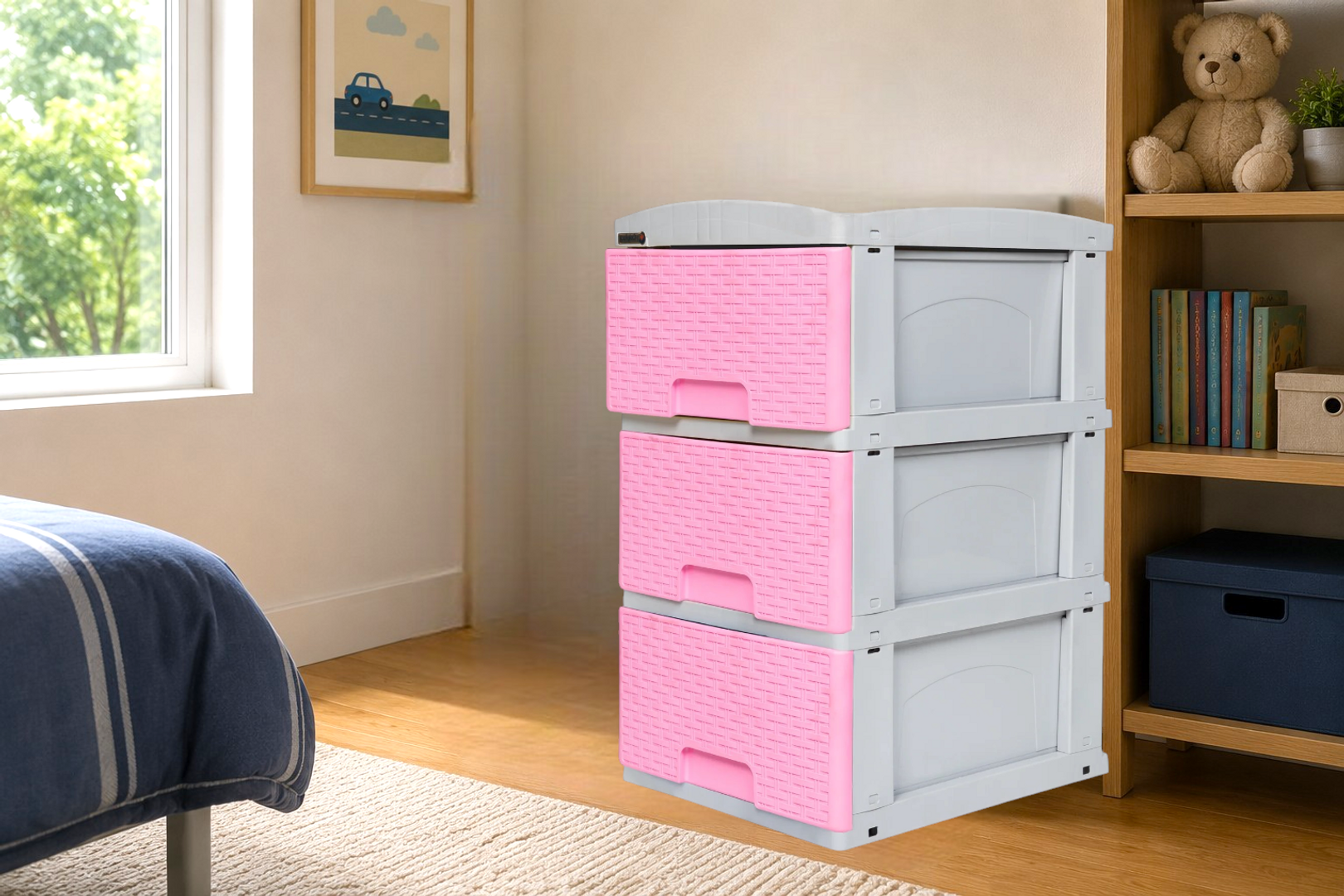 PRACTIMUEBLE PEQ X 3 RATTAN ROSA PASTEL /GRIS-CLP