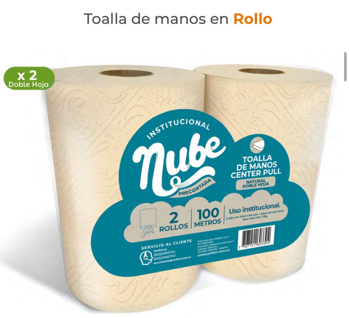 J. TOALLA MANOS ROLLO CENTER PULL NUBE NATURAL X 100 MTS PAQ X 2 ROLLOS