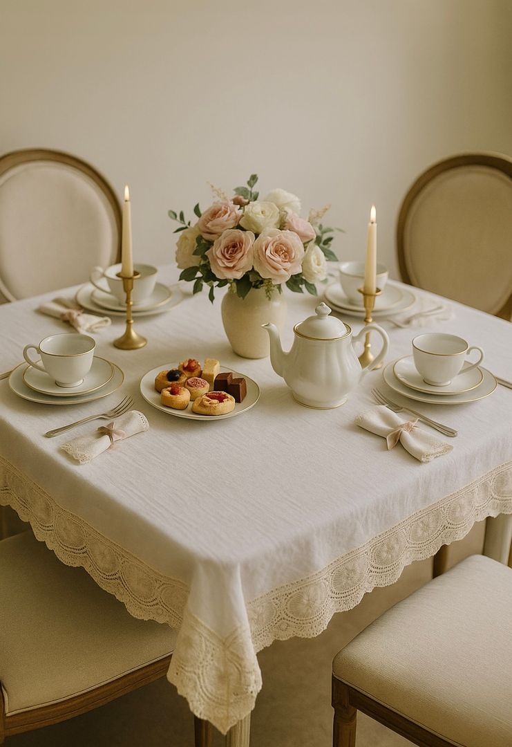 Mantel Tusor Blanco con Puntillas VENDIDO