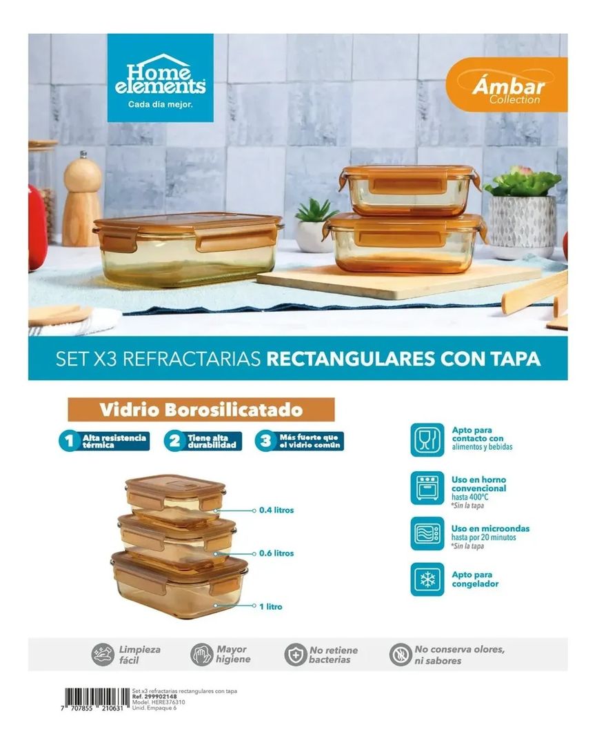 SET HERMETICOS DE VIDRIO 3 PCS 400 600 1000 ML AMBAR
