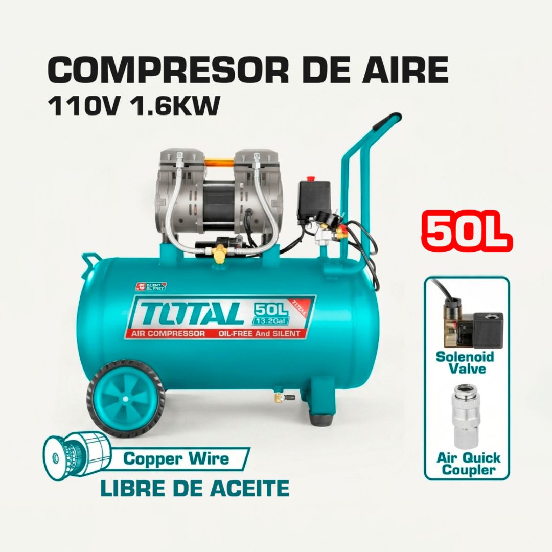 COMPRESOR DE AIRE 1200W (1.6HP) 50 LTS 110V LIBRE DE ACEITE