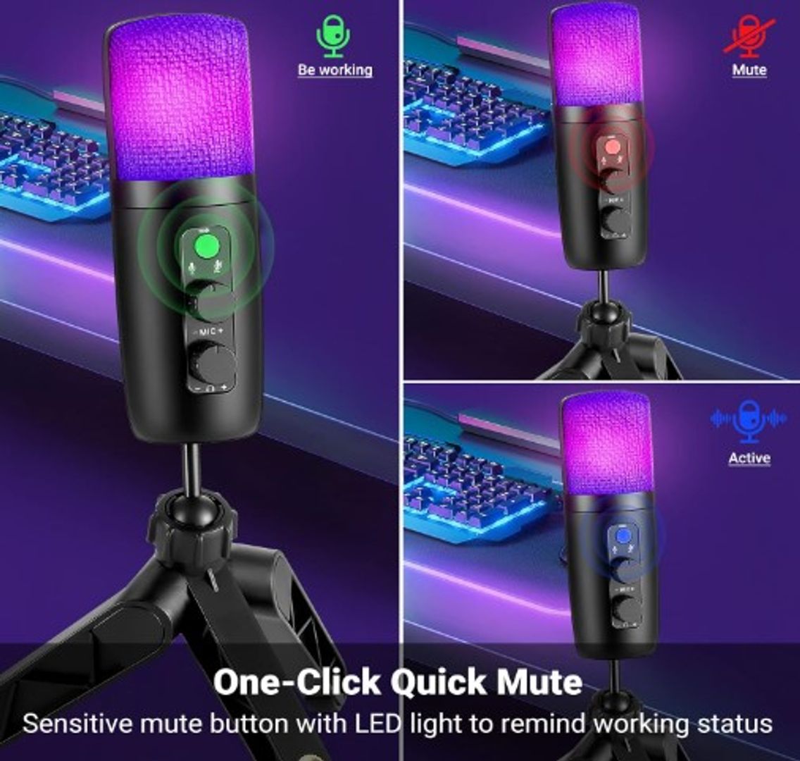  Micrófono Condensador USB+Tipo C, Micrófono de Computadora RGB con Filtro Pop y Trípode Adecuado para Windows, Mac OS, Linux, PC, Micrófono Multifuncional...