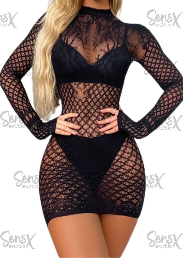 Erótico vestido manga larga en malla transparente 