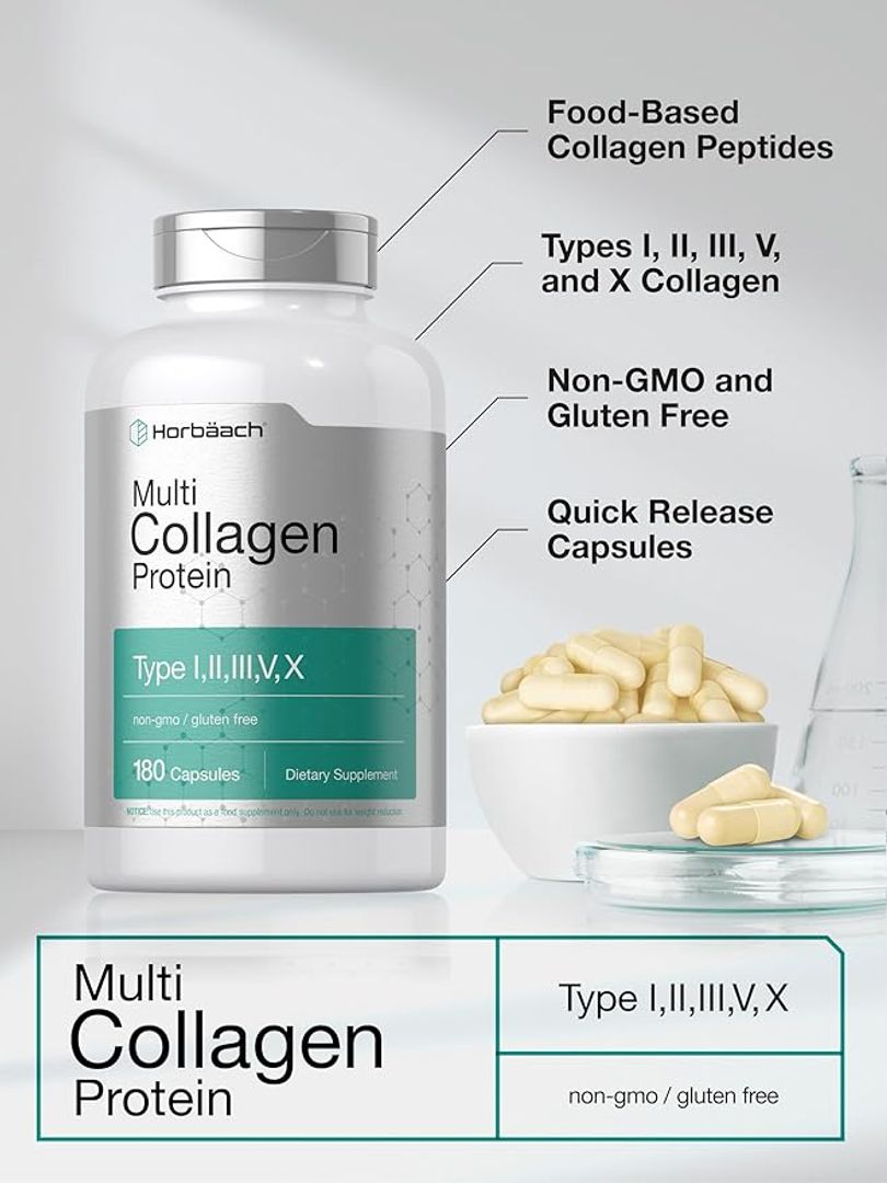 Proteína de colágeno múltiple 2000 mg 180 cáp Colágeno hidrolizado tipo I, II, III, V, X Apto para dieta cetogénica Horbäach 