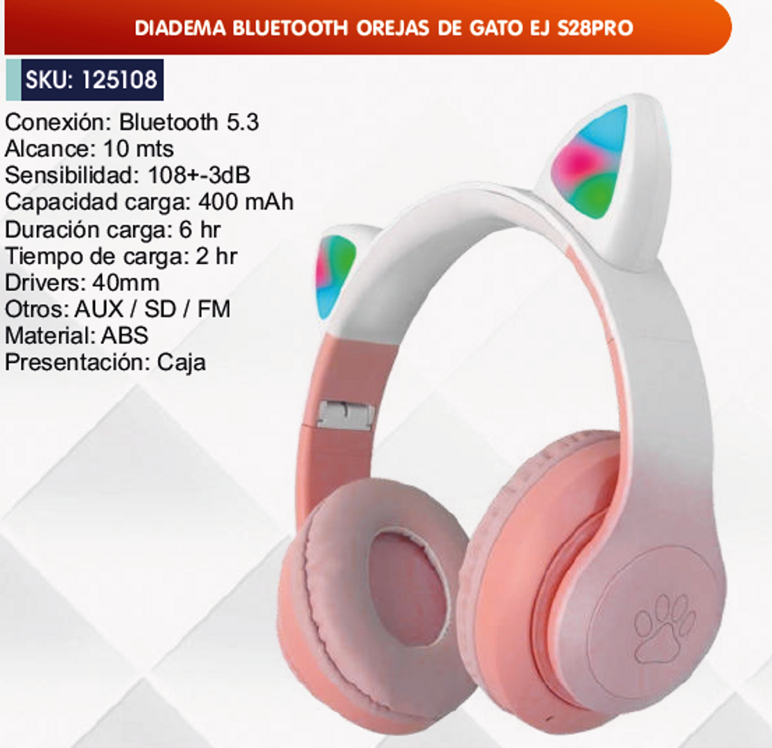 DIADEMA BLUETOOTH OREJAS DE GATO EJ S28PRO