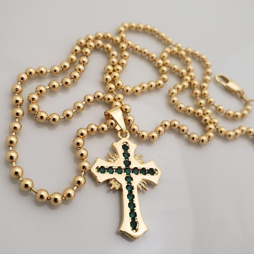 Cadena militar lisa y cruz sagrada verde 