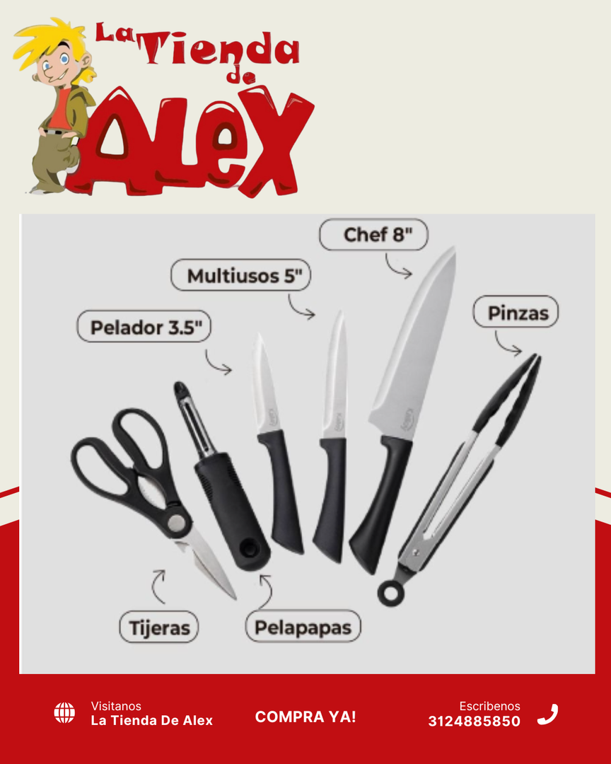 SETX3 CUCHILLOS  EN ACERO INOXIDABLE + TIJERAS + PELAPAPAS + PINZAS