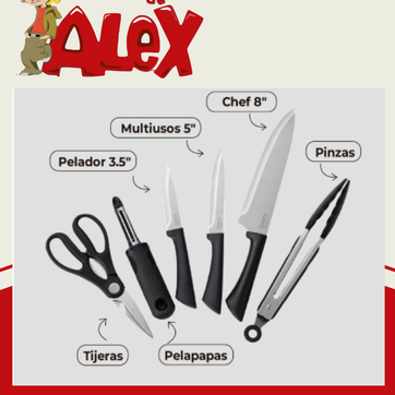 Imagen del producto SETX3 CUCHILLOS  EN ACERO INOXIDABLE + TIJERAS + PELAPAPAS + PINZAS