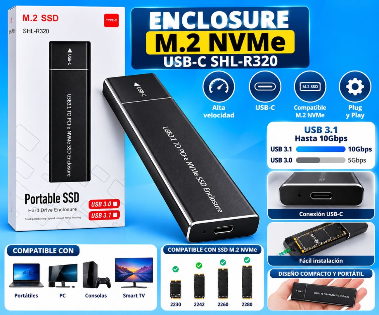 Enclosure M.2 NVMe USB-C SHL-R320