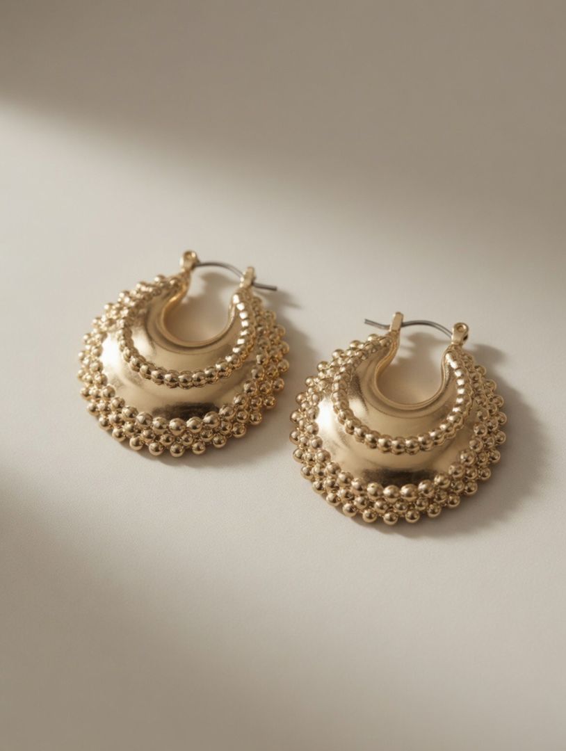 Pendientes de aro dorados con detalle de esferas decorativas.