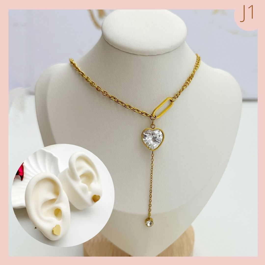 Set Collar Dije Corazón Central Acero Inoxidable