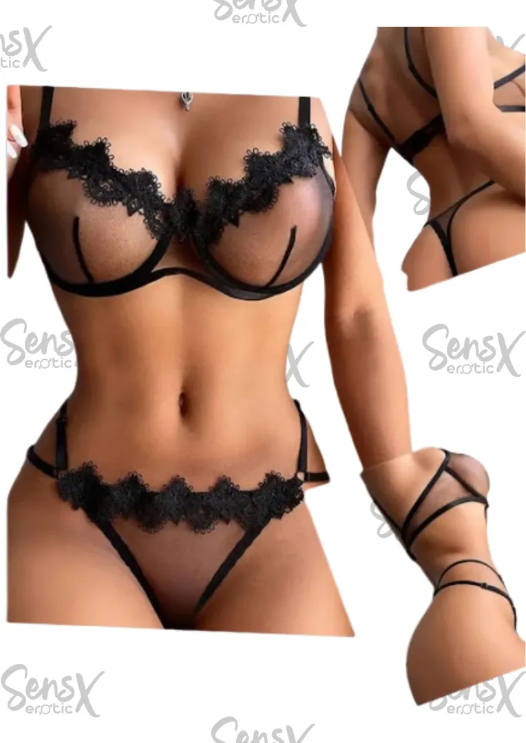 Conjunto de lencería de malla transparente con ribete de encaje sexy