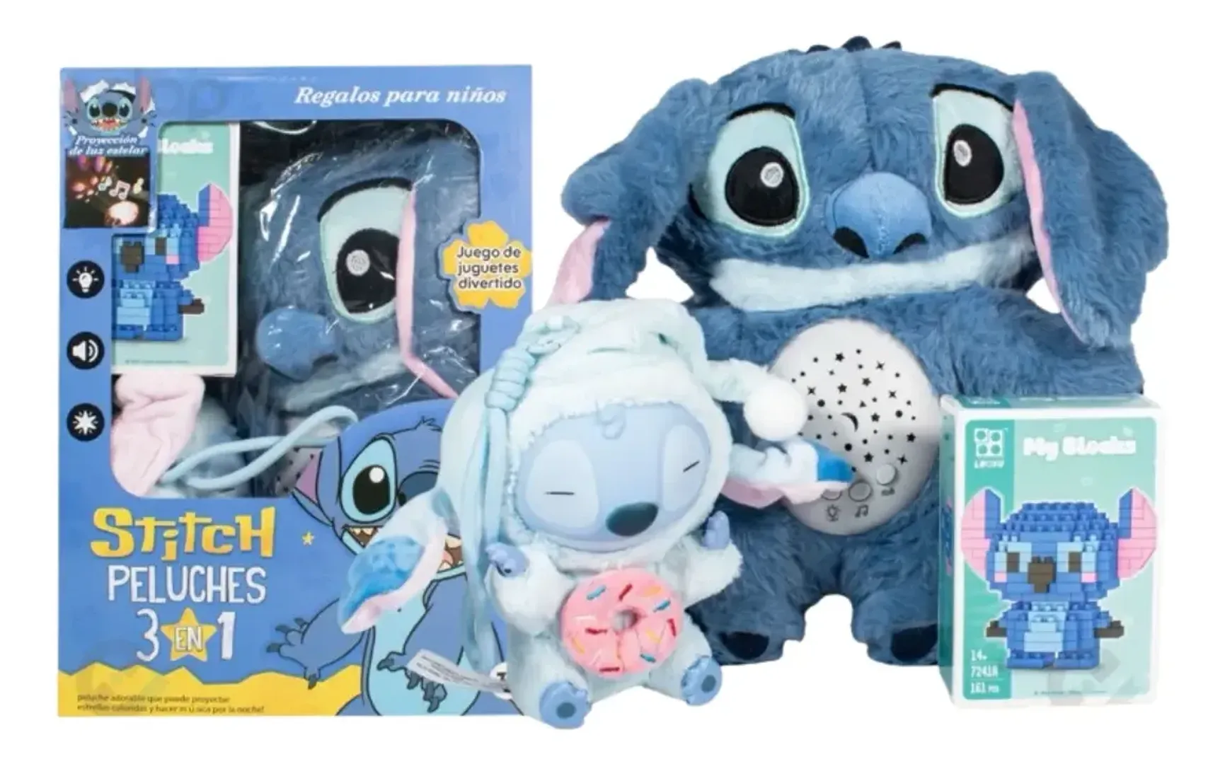 COMBO STITCH PELUCHE PROYECTOR LLAVERO Y LEGO 3 EN 1