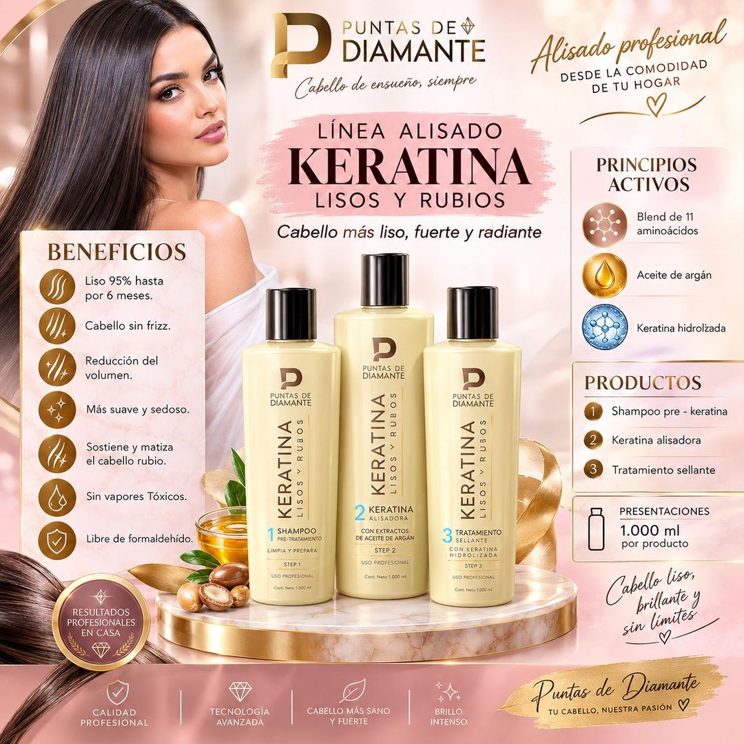 PUNTAS DE DIAMANTE KERATINA LISOS Y RUBIOS PASO ALISADOR DE DE 1000 ML
