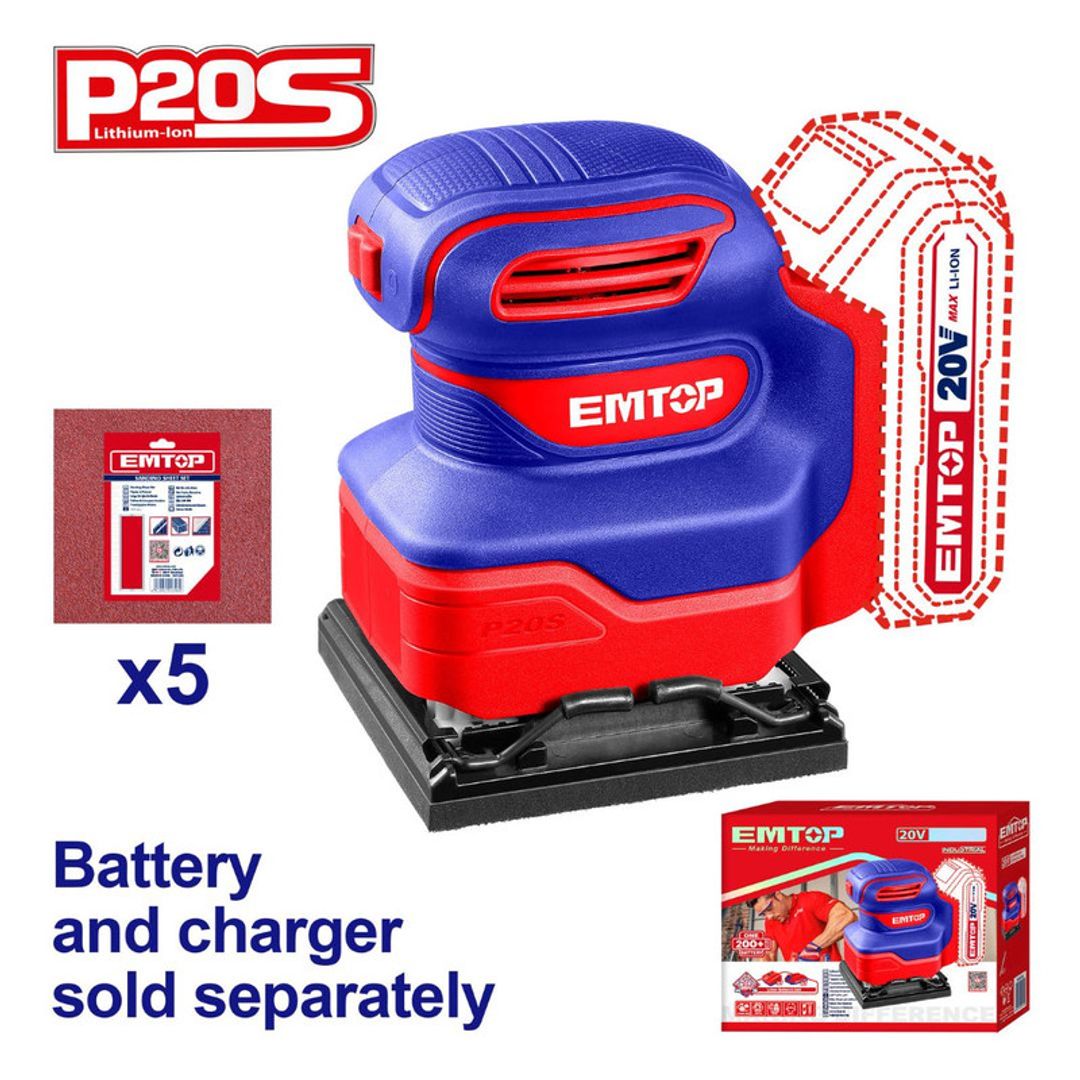 EMTOP LIJADORA PALMA INALAM 20V BASE 4-3/8"x4" + 5 LIJAS NO INCLUYE BATERIA NI CARGADOR SUPER EMTOP