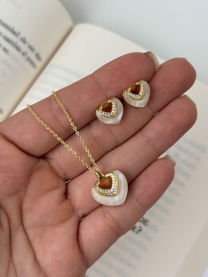 Set topo cadena corazón blanco 