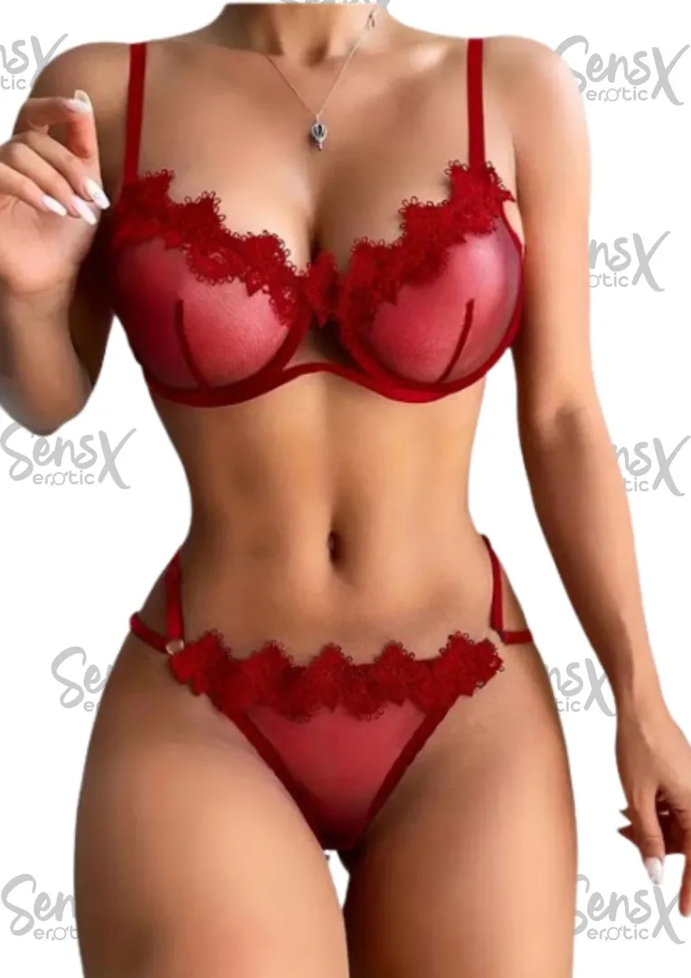 Conjunto de lencería de malla transparente con ribete de encaje sexy