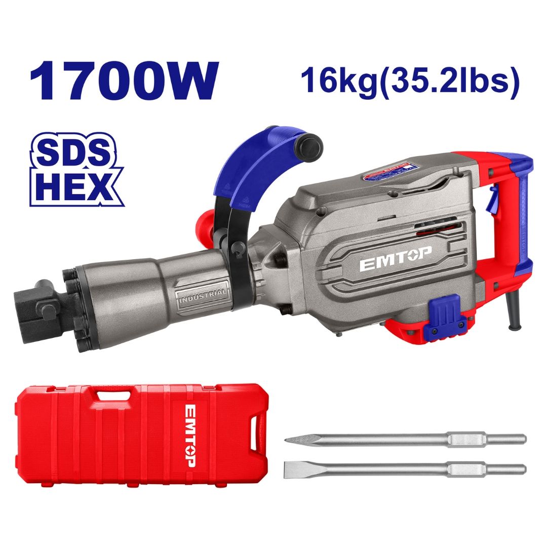 EMTOP DEMOLEDOR 1700W/120V CUERPO METAL CAP 45J SDS HEX+2 CINCELES PUNTA/PALA