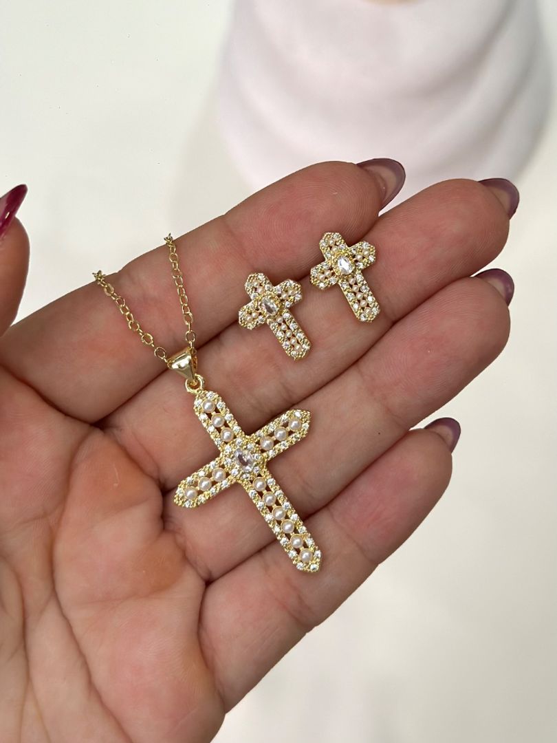 Set cadena topo cruz perla 