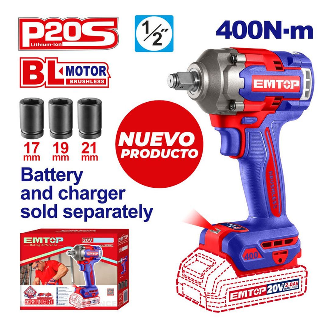 EMTOP LLAVE DE IMPACTO 1/2 BRUSHLESS INALAM 20V SIN BATERIA, SIN CARGADOR SUPER EMTOP